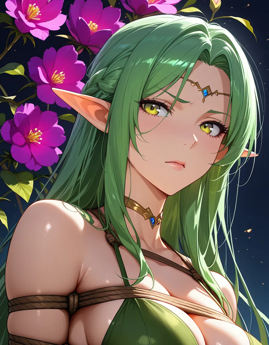 ultra detailed, elf girl, flower, bondage, smoldering look, over the shoulder, manga panel look, hentai_studio_quality