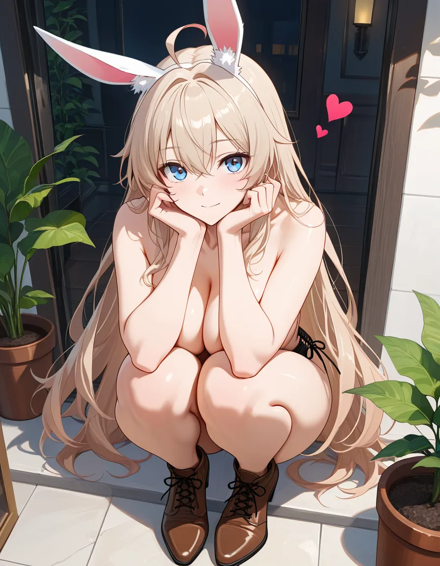 masterpiece, clean art, bunny girl, brown footwear, heart, topless, plant, eroge aesthetic, hentai_studio_quality
