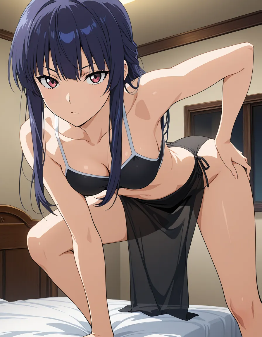 masterpiece, best quality, 1other, bent over, hand on own hip, sidelocks, bed, anime style, hentai_studio_quality