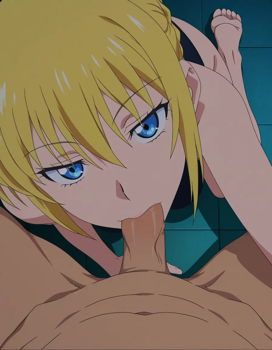 Sexy blonde girl kneeling and sucking viewers dick, pov, (anime style:1.3), 2d, anime screencap, cel shading, flat color