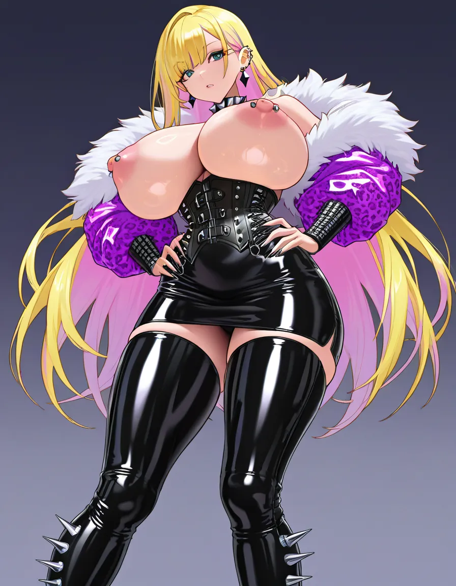 blonde bimbo slut, huge big fake silicone tits, short tight latex skirt, overknee latex boots, diamond nipple piercings, giant diamond collar, small bells hanging down on small chains from her nipples, nipples attached with small further chains also to the diamond collar, stiletto spikes, underboob leopard corset with fur surrounding and bottom and top edge of the corset, botox face and lips, big round silver earrings, huge ass, diamond belly piercing attached to a diamond belt, tightening her corset,, score_9, score_8, 3d render, octane render, subsurface scattering, ray tracing, smooth shading