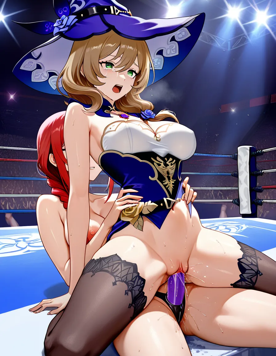 2girls yuri sex , @makima_(chainsawman) ), @lisa_(genshin_impact) scared crying ,,wrestling_ring , strapon , pussy_juice , orgasm, cumming , sitting_on_lap straddling vaginal_object_insertion,,, hentai_studio_quality