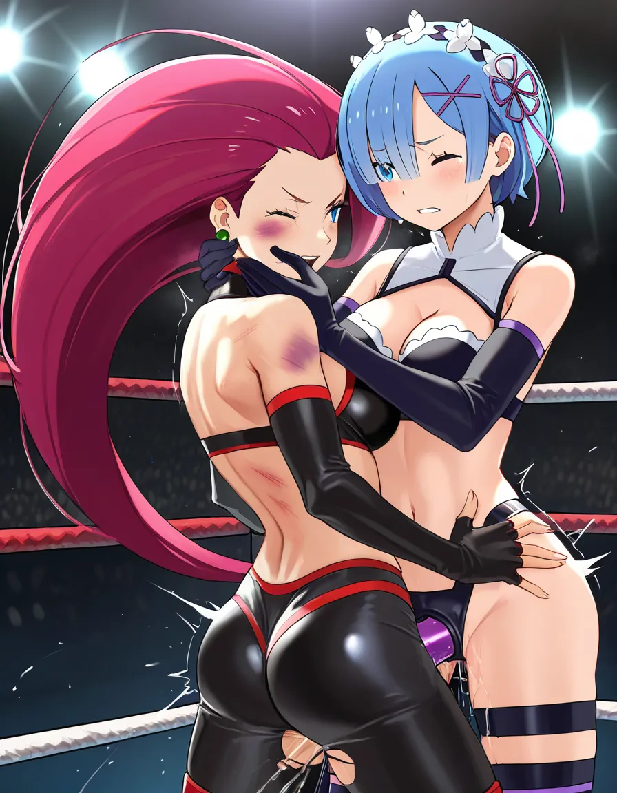 2girls , Best_quality, ultra_detailed, @ram_(re:zero)-blue_hair , @jessie_(pokemon)-red_hair , yuri sex ,wrestling_ring wrestling defeated, pussy_juice squirting orgasm , bruised , strap-on, torn_clothes wince, standing_sex, hentai_studio_quality