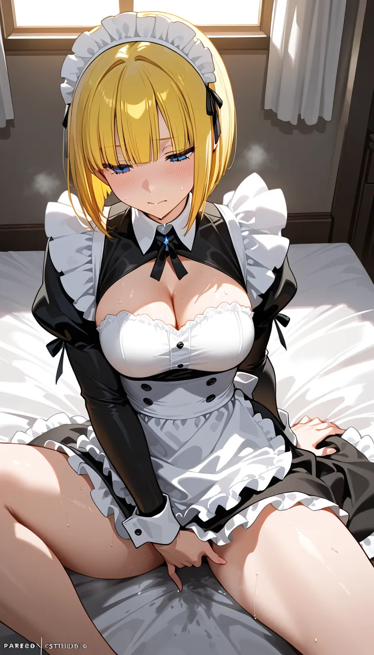 Yellow bob cut hair blue eyes wearing torn maid clothes and female_masturbation and eyes half closed