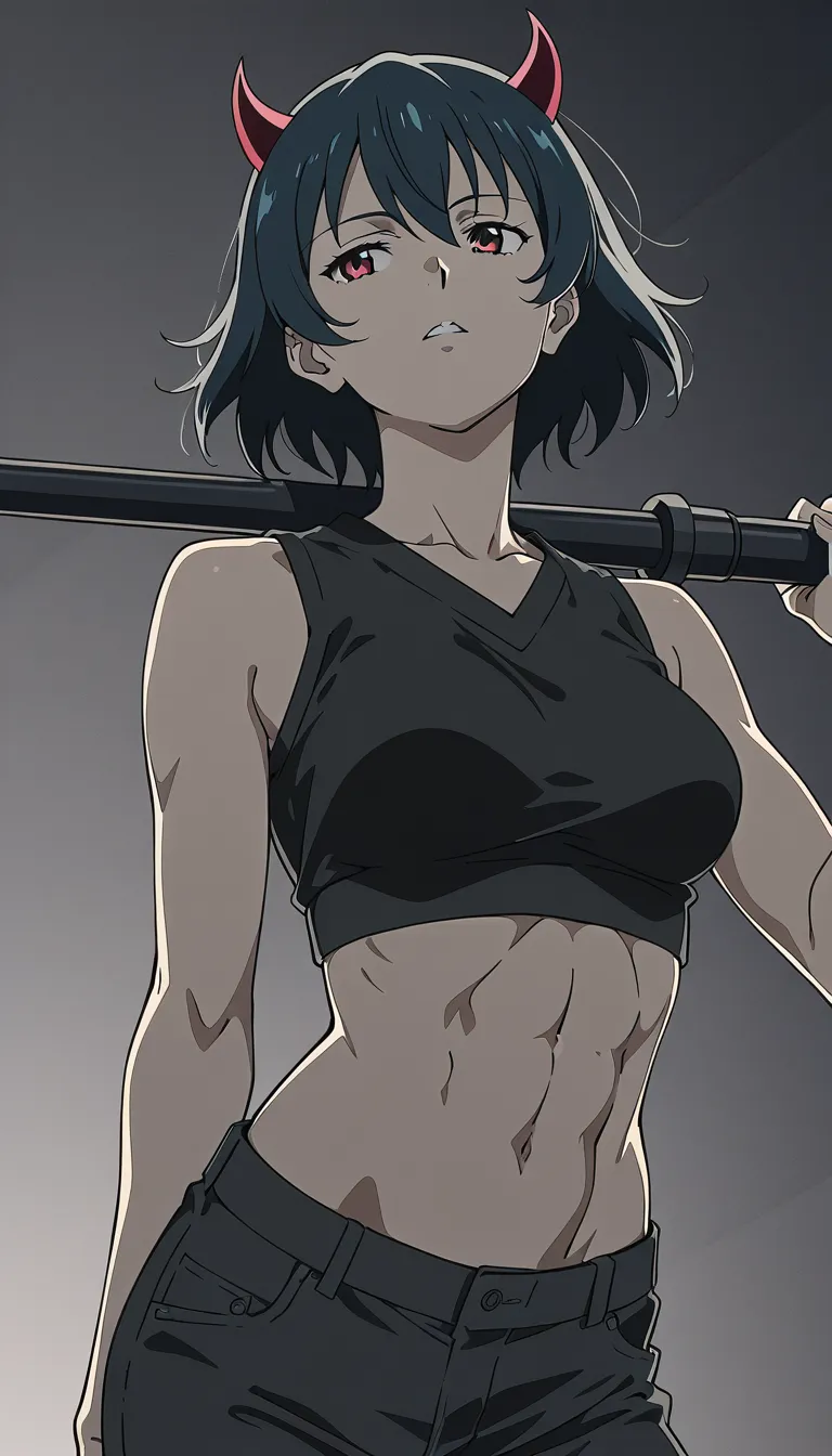 dslr, film grain, photorealistic, demon girl, abs, sleeveless, arching back, over the shoulder, studio lighting, hyperrealistic