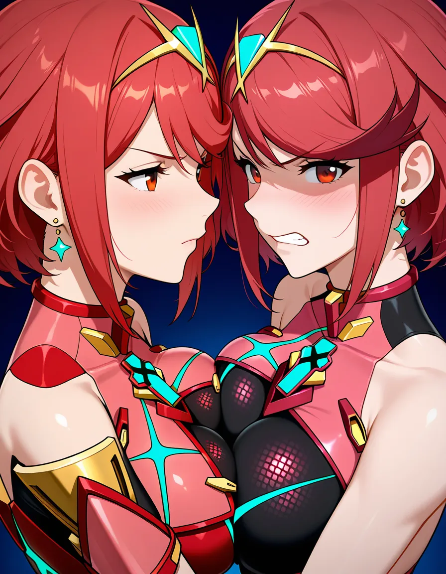 @lux_(league_of_legends), @pyra_(xenoblade), yuri, angry, breast_press, hentai_studio_quality, hentai_studio_quality