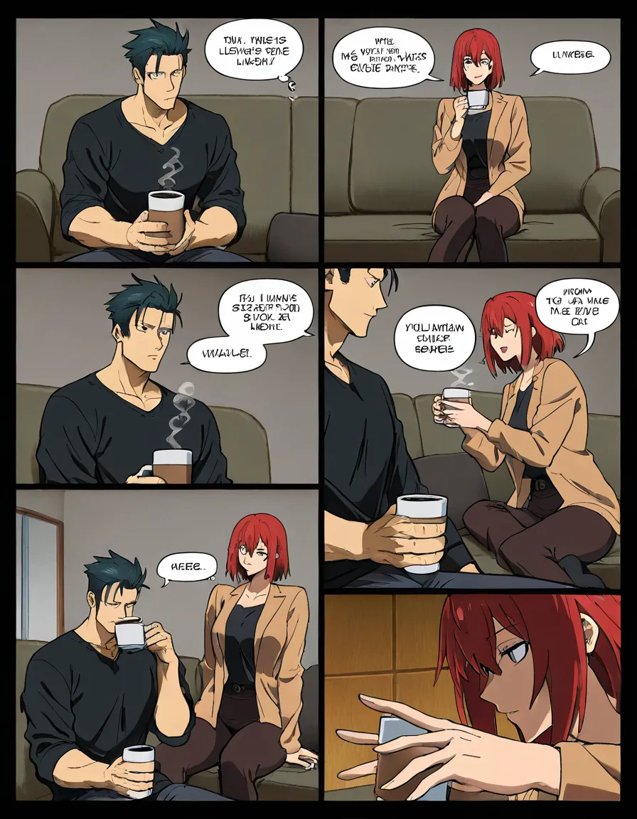 A single manga comic page divided into a 2x3 grid (2 columns, 3 rows). Clear black borders separate each panel. High quality, clean anime/manga style. English text in bubbles is clear.
Panel 1 (Top Left): Inside a living room. Exactly two people: A husband and a wife sitting on a couch drinking coffee. The wife is pretty, has a sexy curvy body, and wears a tight robe over lingerie. Speech bubble text: "Ring". No other people in the room.
Panel 2 (Top Right): Front door entrance. Exactly two people: The wife (same appearance as Panel 1) and a male delivery man. The delivery man is handing her a newspaper. Two speech bubbles: Wife says "Hello", Man says "Hello". Background is simple entryway.
Panel 3 (Middle Left): Close up of hands. Exactly two people's hands visible: The delivery man's hand dropping a newspaper on the floor. The wife's hand reaching for it. No full bodies to avoid limb errors. Floor is visible.
Panel 4 (Middle Right): The wife bends forward at the waist to pick up the paper. Her robe opens, clearly exposing her breasts. The delivery man stands in front of her, staring at her chest. Exactly two people. Clear focus on her chest and his eyes.
Panel 5 (Bottom Left): The wife is standing upright again. Her robe is loose, exposing her lingerie. She looks polite. Speech bubble text: "Thank you". Exactly two people (wife and delivery man still visible in background or side).
Panel 6 (Bottom Right): The wife is closing the door from the inside. Only the wife is visible in this panel. The door is closing.
Style: Professional manga ink, detailed, sharp lines, 8k., (anime style:1.3), 2d, anime screencap, cel shading, flat color, @00osamio00
