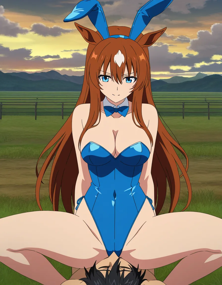 best quality, explicit detail, bunny girl, facesitting, horse ears, long hair, cloud, visual novel art, (anime style:1.3), 2d, anime screencap, cel shading, flat color