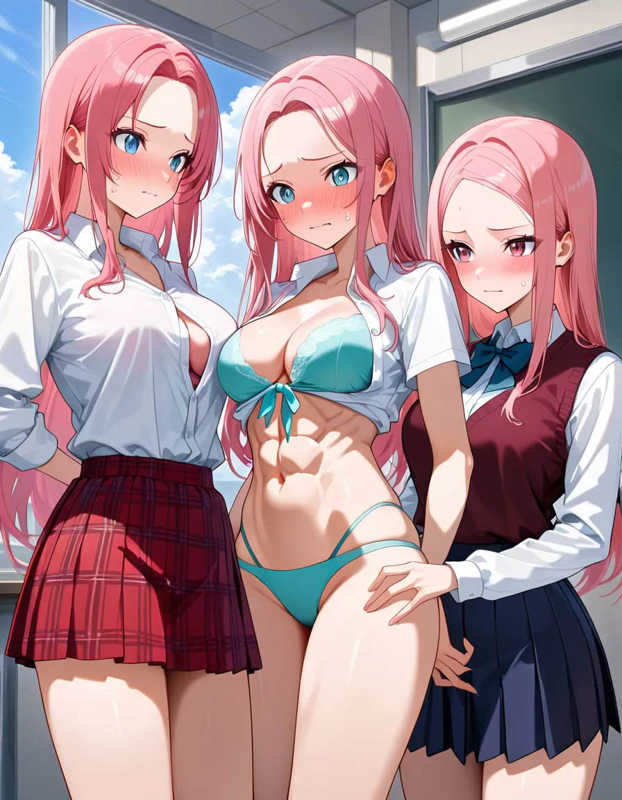 absurdres, highres, school_girl, nervous blush, school_uniform, dress_shirt, unbuttoned, front-tie_top, black with red plaid_skirt, miniskirt, low-rise_skirt, athletic, abs, rose pink_hair, long_hair, straight_hair, exposed forehead, light teal blue highleg_panties, black with red sneakers, royal purple_eyes, straight-on, full_body. medium_breasts, (anime style:1.3), 2d, anime screencap, cel shading, flat color