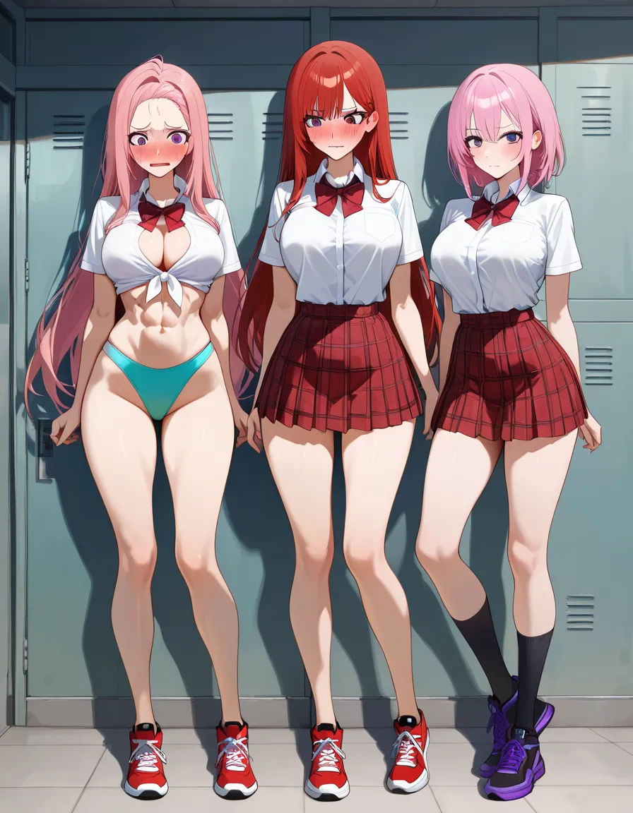 absurdres, highres, nervous blush, school_uniform, front-tie_top, black with red plaid_skirt, miniskirt, low-rise_skirt, athletic, abs, rose pink_hair, long_hair, straight_hair, exposed forehead, light teal blue highleg_panties, black with red sneakers, royal purple_eyes, straight-on, full_body. medium_breasts, 1girl, solo_focus, female_focus, no_bra, hentai_studio_quality, hentai_studio_quality