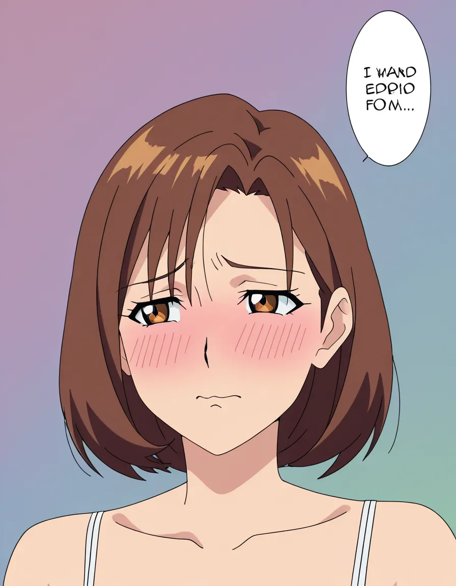 close-up face, 1woman, mature woman age 30, adult face, chestnut brown bob, shoulder-length brown hair, blushing annoyed shy expression, white camisole, colorful manga, single portrait, no speech bubble, no text, normal anatomy, (anime style:1.3), 2d, anime screencap, cel shading, flat color, @00osamio00