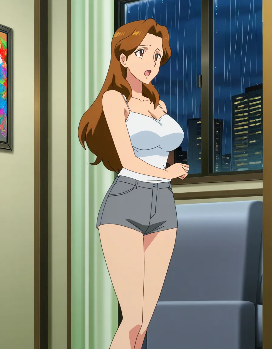 solo, 1woman, mature woman, age 30, adult face, chestnut brown shoulder-length hair, white camisole, ultra short grey hot pants, standing, apartment living room, night, rain on window, speaking, open mouth, colorful manga, normal anatomy, one character centered, (anime style:1.3), 2d, anime screencap, cel shading, flat color, @00osamio00