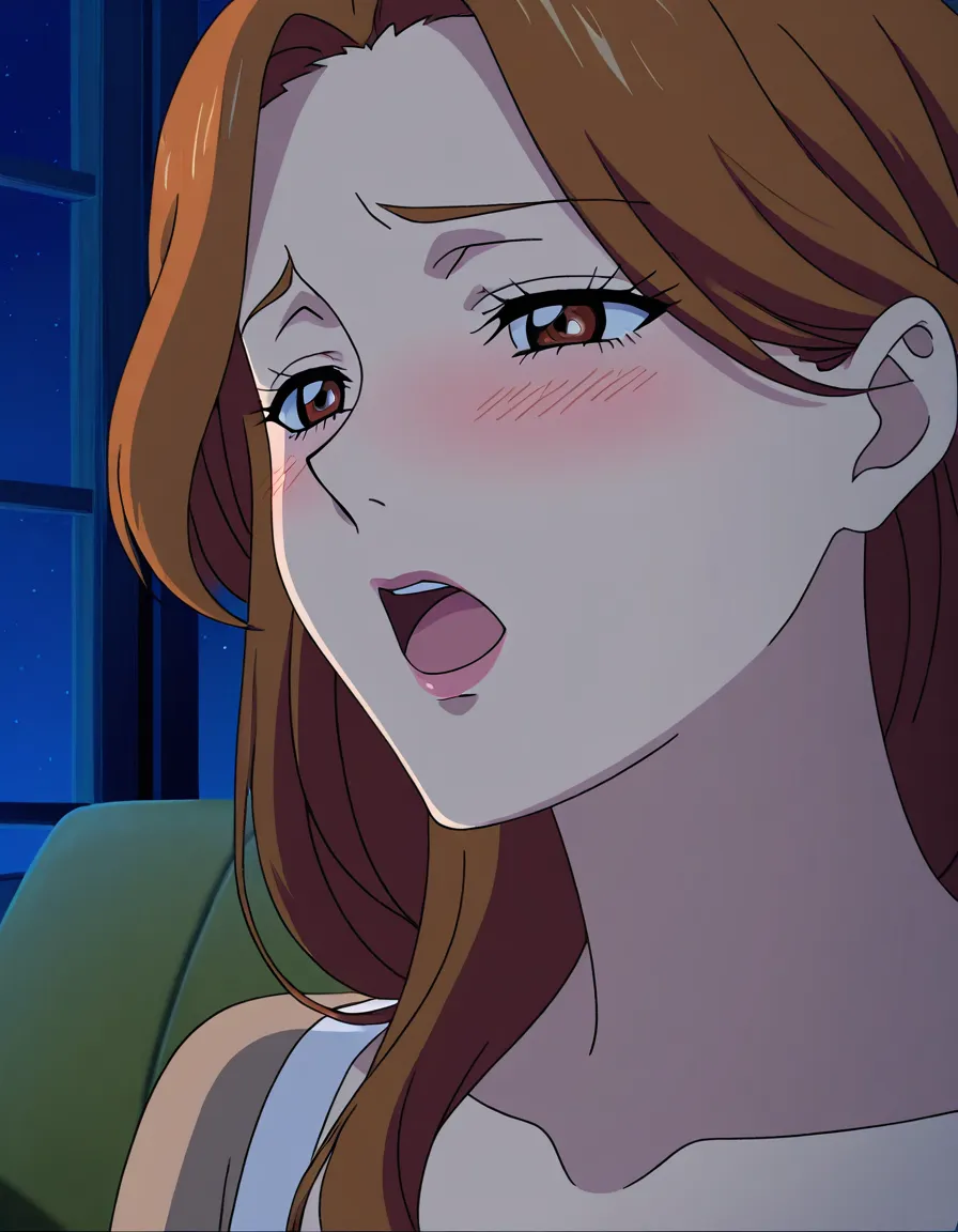 1girl, solo, close-up, mature woman, age 30, adult, chestnut brown shoulder-length hair, moaning, flushed face, blush, open mouth, living room, night, colorful manga, normal anatomy, single panel, (anime style:1.3), 2d, anime screencap, cel shading, flat color, @00osamio00