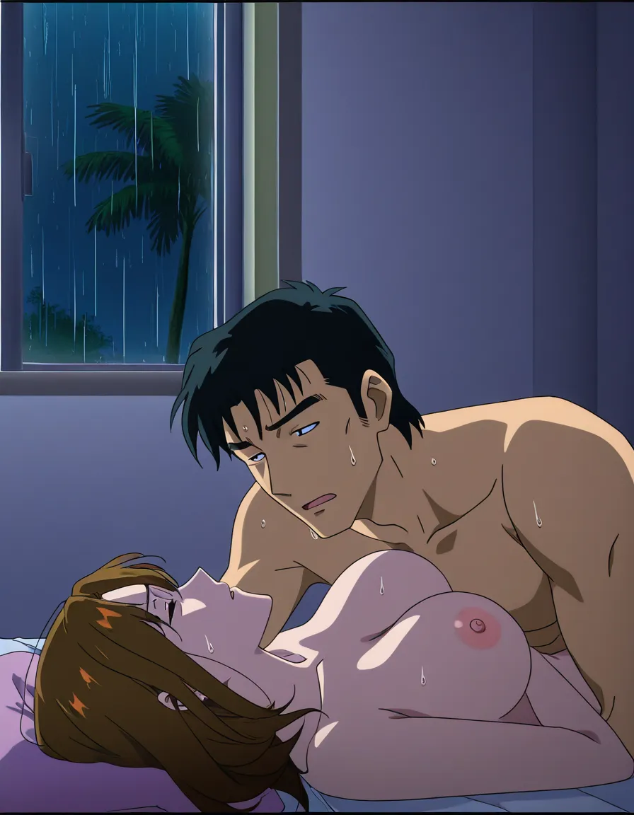 1girl, 1boy, mature woman age 30, chestnut brown hair, nude, developed body, man age 33, short black hair, lying together on bed, panting, after sex, sweat, tired, bedroom, night, rain on window, colorful manga, adult, normal anatomy, (anime style:1.3), 2d, anime screencap, cel shading, flat color, @00osamio00