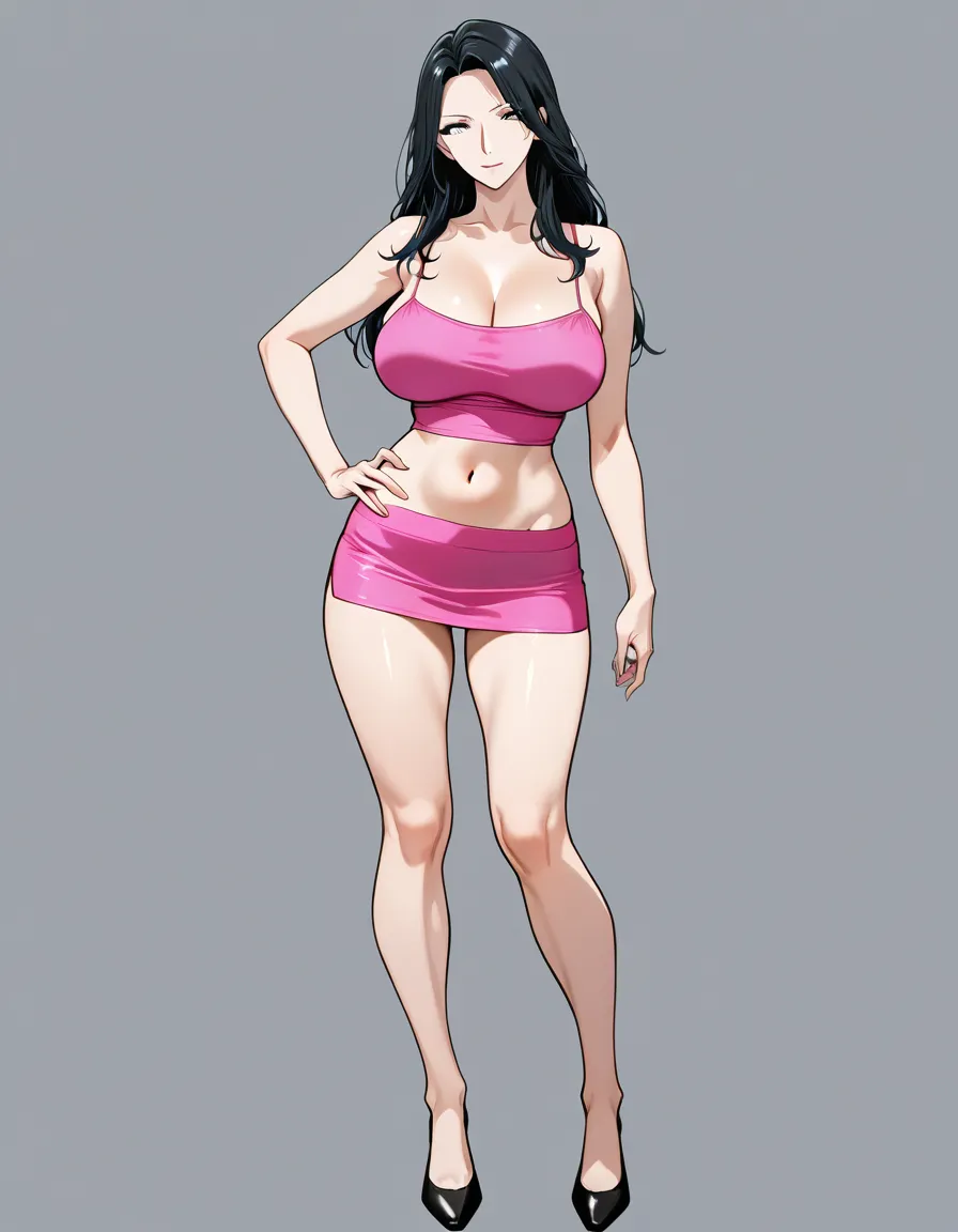 1girl, solo, adult woman age 30, mature face, long black hair, large breasts, slim thighs, pink spaghetti strap crop top, midriff, navel visible, bare belly, pink micro mini skirt, standing front view, hand on hip, looking at viewer, full body, plain grey background, soft digital coloring, japanese erotic manga style, (anime style:1.3), 2d, anime screencap, cel shading, flat color, @00osamio00