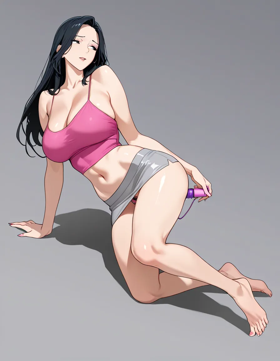 1girl, solo, adult woman age 30, mature face, long black hair, large breasts, slim thighs, pink spaghetti strap crop top, midriff, navel, pink micro mini skirt hiked, on all fours crawling doggy style, vibrator inserted in pussy, sex toy in vagina, looking back, full body, plain grey background, soft digital coloring, japanese erotic manga style, explicit, (anime style:1.3), 2d, anime screencap, cel shading, flat color, @00osamio00