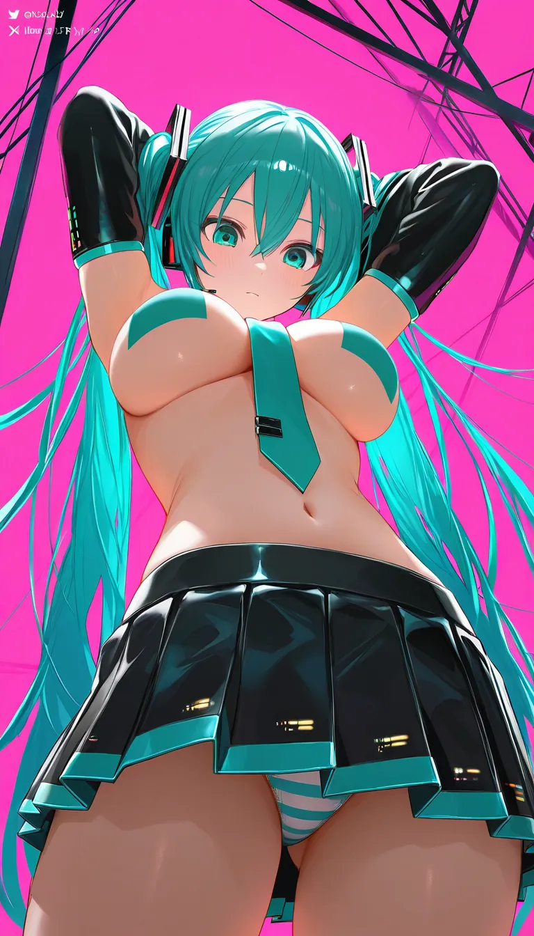 isobe (artist), miku, bad id, bad pixiv id, 1girl, aqua eyes, aqua hair, blue nails, breasts, detached sleeves, arms up, arms behind her head, female focus, from below, large breasts, long hair, looking down, nail polish, navel, necktie, panties, panties only, solo, striped clothes, skirt remove, striped panties, blue striped panties, crotch, panty crotch, twintails, underwear, (anime style:1.3), 2d, anime screencap, cel shading, flat color