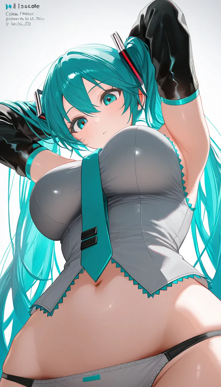 isobe (artist), miku, bad id, bad pixiv id, 1girl, aqua eyes, aqua hair, blue nails, breasts, detached sleeves, arms up, arms behind her head, female focus, from below, large breasts, long hair, looking down, nail polish, navel, necktie, panties, panties only, solo, gray sleeveless top, midriff, striped panties, blue striped panties, crotch, panty crotch, twintails, underwear, crotch_seam, showing her panty crotch on you,, (anime style:1.3), 2d, anime screencap, cel shading, flat color