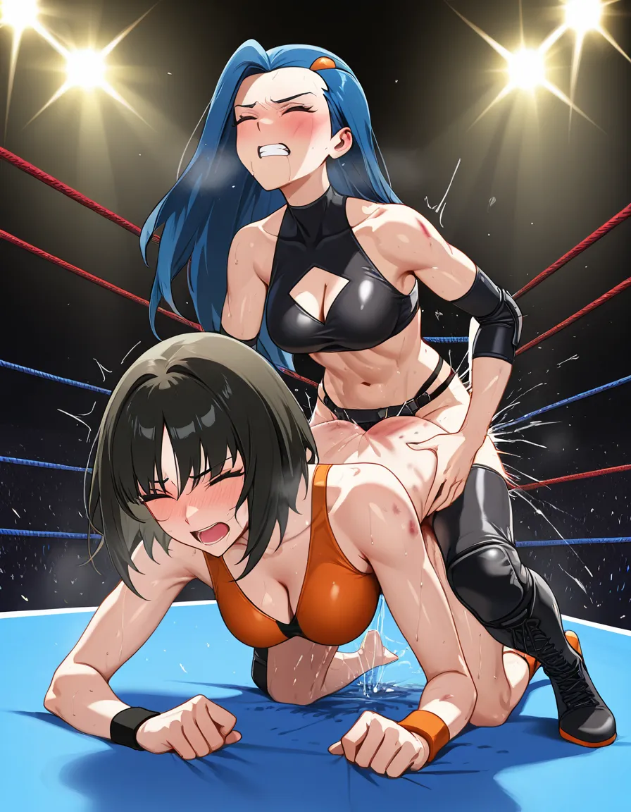 Erika_(pokemon) , jasmine_(pokemon) , 2girls yuri sex , wrestling_ring, wrestling orgasm pussy_juice, defeated, squirting , bruised, sweat strap-on vaginal doggystyle,,,,, from_side,,,,,,, hentai_studio_quality, hentai_studio_quality