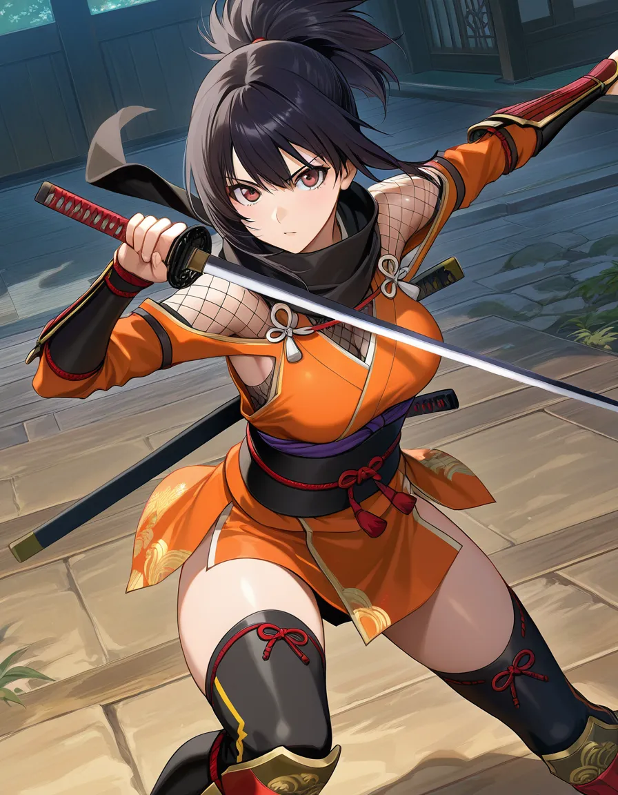 kaede_onimusha_warload female_ninja kunoichi orange_clothes japanese_clothes orange_mini_skirt black_hair short_hair  low_ponytail short_ponytail, hentai_studio_quality, hentai_studio_quality