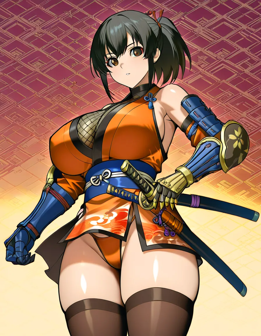 kaede_(onimusha_warloads) female ninja orange_clothes japanese_clothes orange_mini_skirt black_hair short_hair low_ponytail short_ponytail, bare_shoulders bare_thigh, brown_eyes,gauntlet, thighhighs,, huge_breasts, hentai_studio_quality, upper_body_black_inner, orange_panties highleg_panties, huge_ass, hentai_studio_quality
