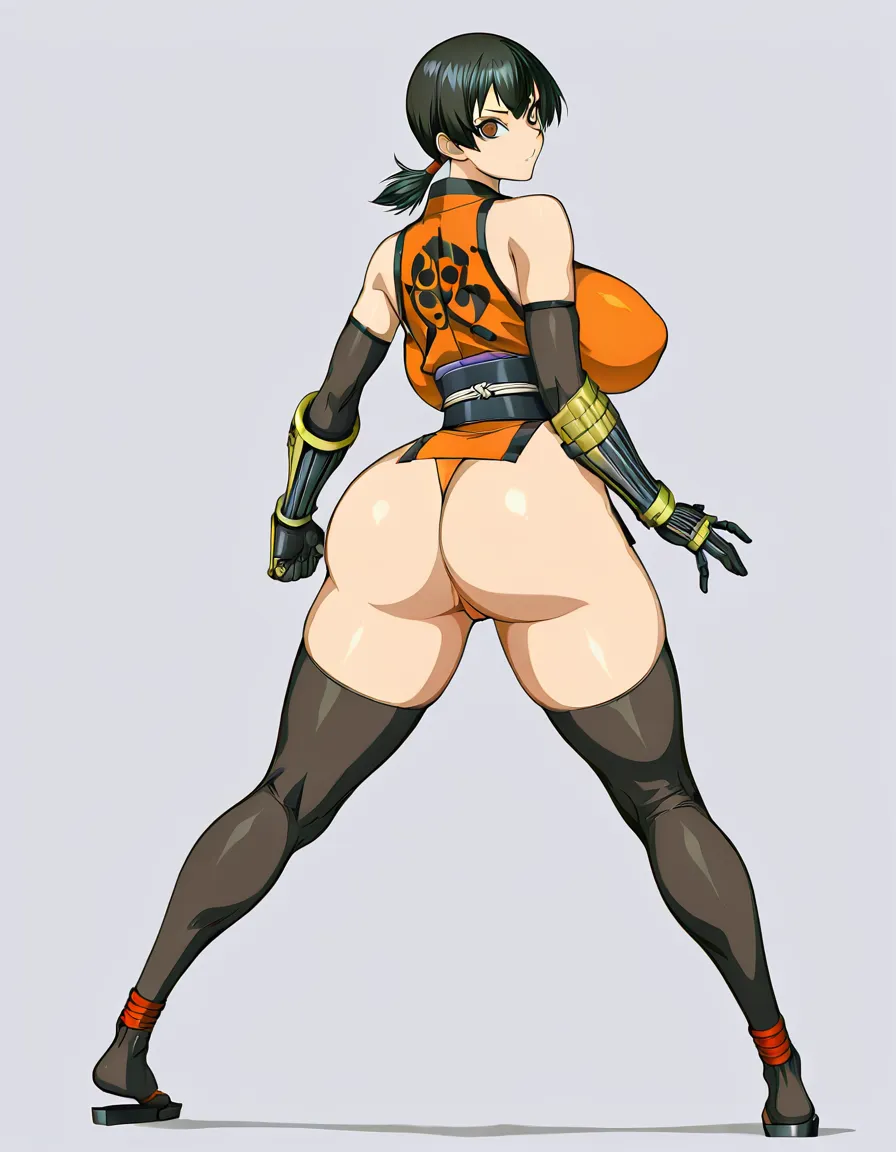 kaede_(onimusha_warloads) female ninja orange_clothes japanese_clothes orange_mini_skirt black_hair short_hair low_ponytail short_ponytail, bare_shoulders bare_thigh, brown_eyes,gauntlet, thighhighs,, huge_breasts, hentai_studio_quality,  orange_panties highleg_panties, huge_ass, upper_clothes_color_orange, partially_visible_vulva, hentai_studio_quality