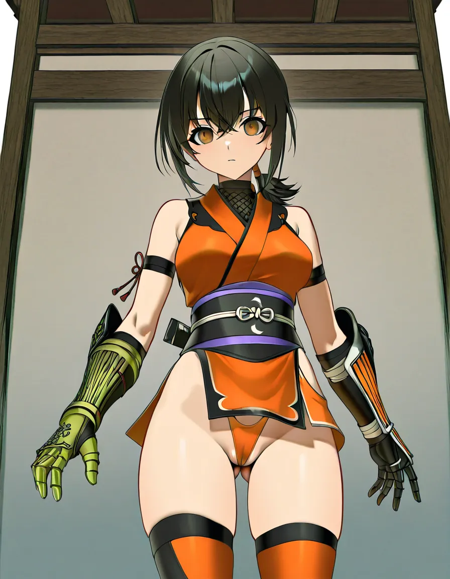 kaede_(onimusha_warloads) female ninja orange_clothes japanese_clothes orange_mini_skirt black_hair short_hair low_ponytail short_ponytail, bare_shoulders bare_thigh, brown_eyes,gauntlet, thighhighs,, orange_panties highleg_panties, upper_clothes_color_orange, partially_visible_vulva, ass from_behind, hentai_studio_quality