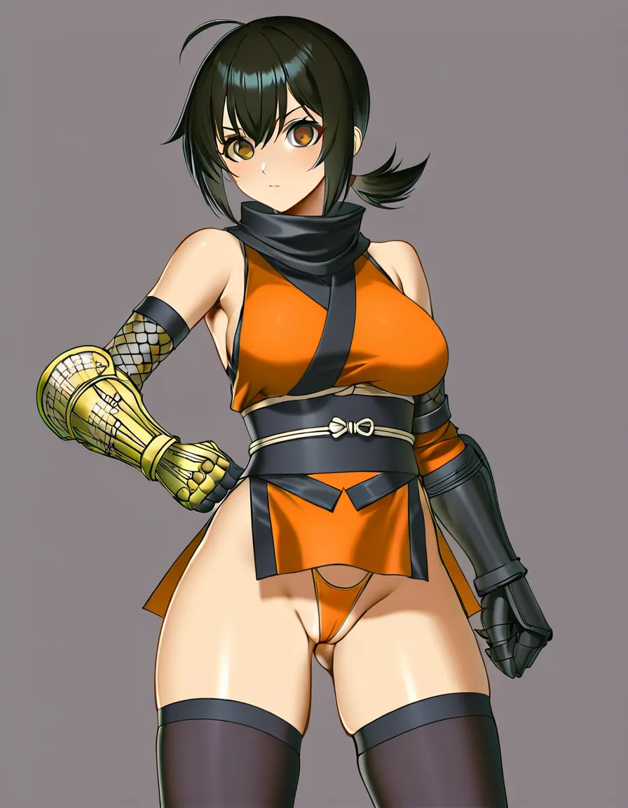 kaede_(onimusha_warloads) female ninja orange_clothes japanese_clothes orange_mini_skirt black_hair short_hair low_ponytail short_ponytail, bare_shoulders bare_thigh, brown_eyes,gauntlet, thighhighs,, orange_panties highleg_panties, upper_clothes_color_orange, partially_visible_vulva, ass from_behind, hentai_studio_quality, hentai_studio_quality, hentai_studio_quality