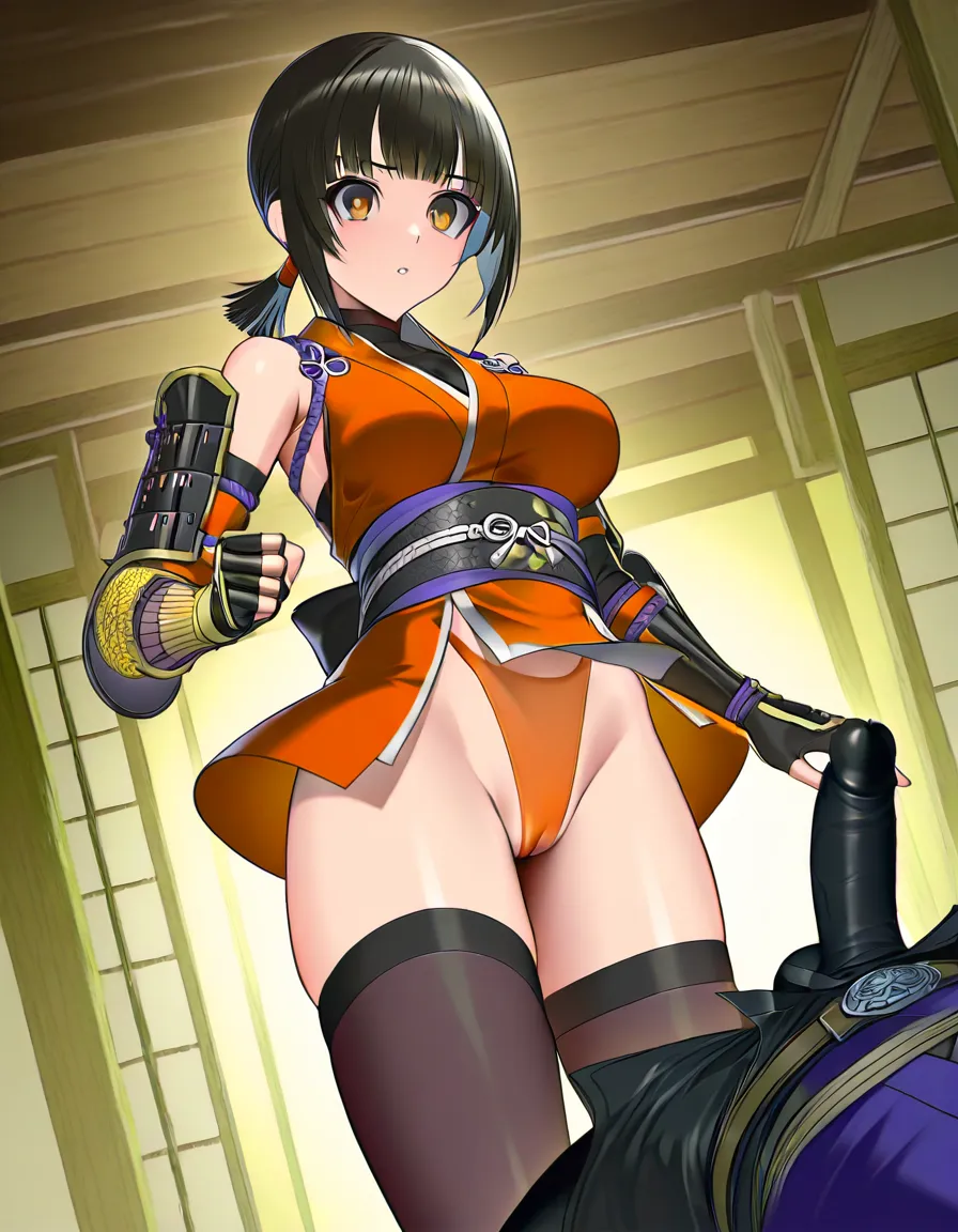 {kaede_(onimusha)} female ninja orange_clothes japanese_clothes orange_mini_skirt black_hair short_hair (((low_ponytail short_ponytail))), bare_shoulders bare_thigh, brown_eyes,gauntlet, thighhighs,, orange_panties highleg_panties, upper_clothes_color_orange,  (((erection_clitoris))), hentai_studio_quality, hentai_studio_quality