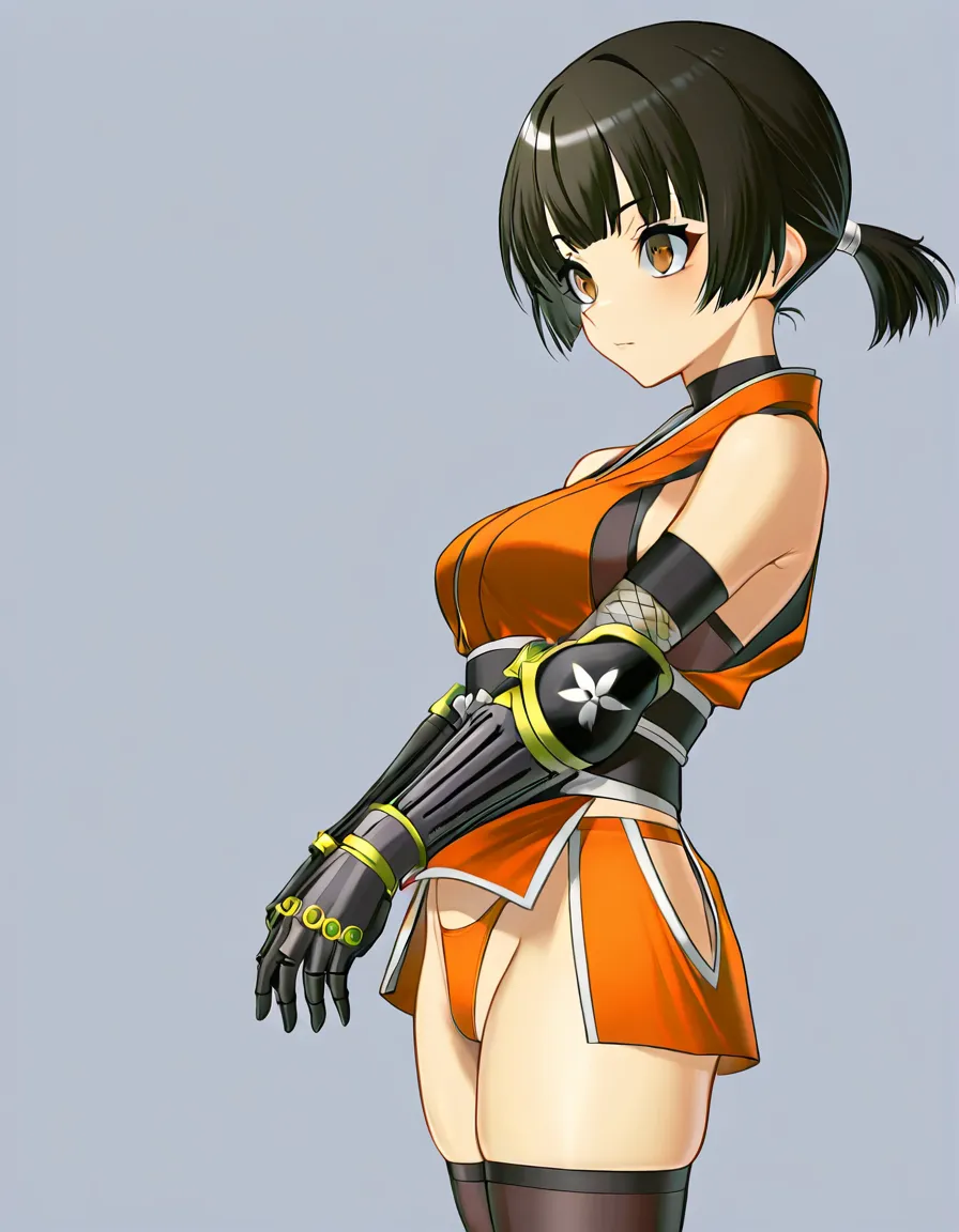 {kaede_(onimusha)} solo female ninja orange_clothes japanese_clothes orange_mini_skirt black_hair short_hair (((low_ponytail short_ponytail))), bare_shoulders bare_thigh, brown_eyes,gauntlet, thighhighs,, orange_panties highleg_panties, upper_clothes_color_orange,  (((female erection_clitoris))), spread_legs 　no_penis hentai_studio_quality, hentai_studio_quality, hentai_studio_quality