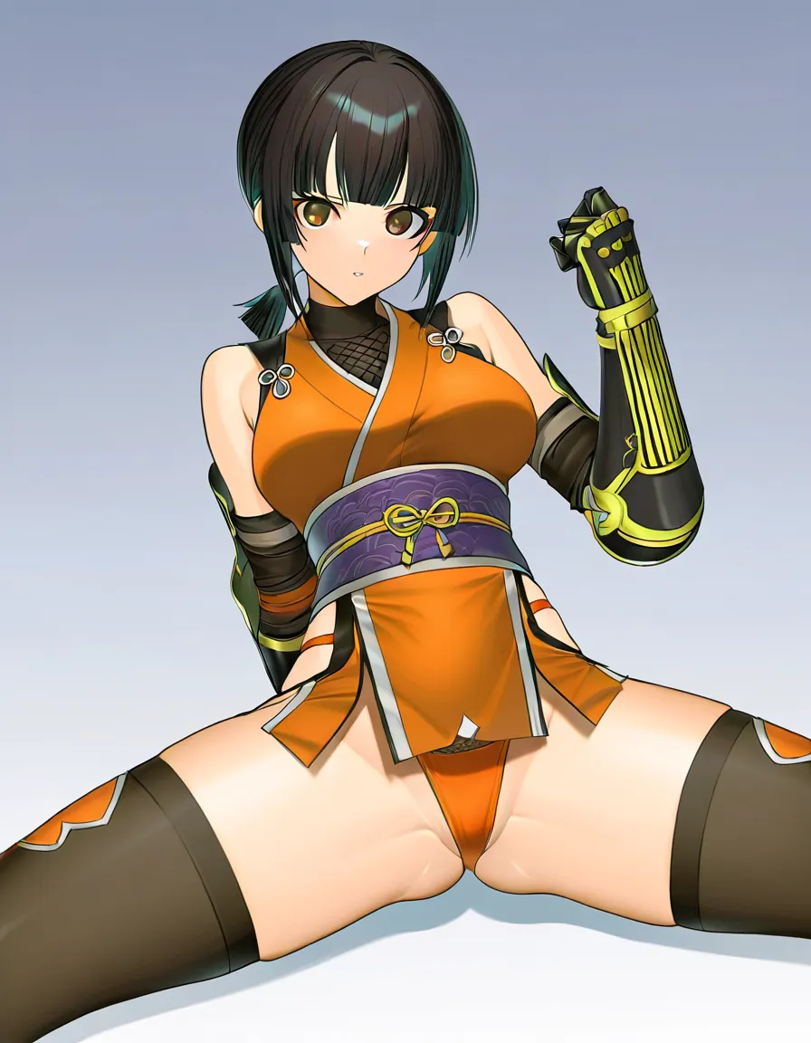 {kaede_(onimusha)} female ninja orange_clothes japanese_clothes orange_mini_skirt black_hair short_hair (((low_ponytail short_ponytail))), bare_shoulders bare_thigh, brown_eyes,gauntlet, thighhighs,, orange_panties highleg_panties, upper_clothes_color_orange, ((spread_legs )) (((((((((((((((((((((((no_penis)))))))))))))))))))))))) medium_breasts, hentai_studio_quality