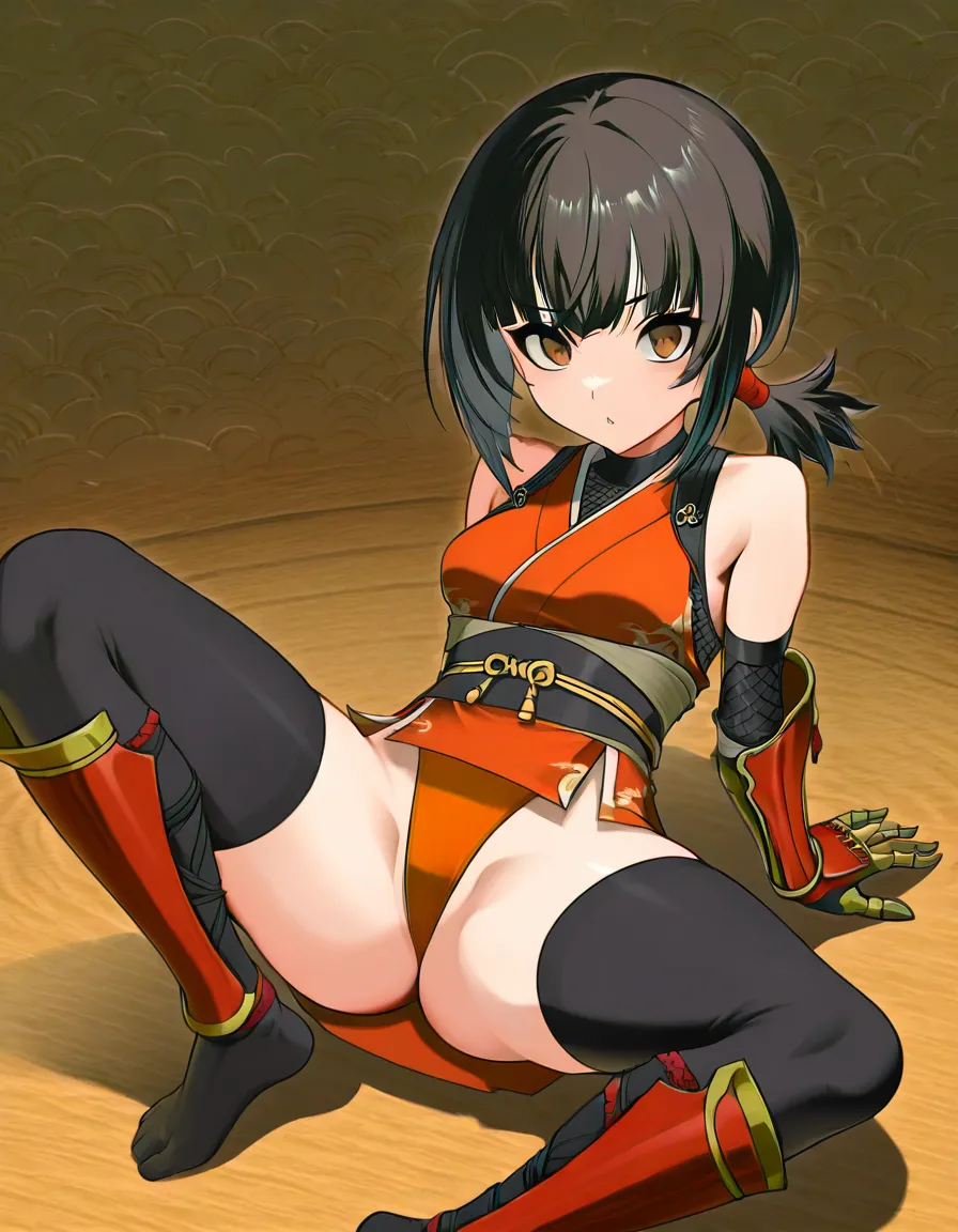 {kaede_(onimusha)}  female ninja orange_clothes japanese_clothes orange_mini_skirt black_hair short_hair (((low_ponytail short_ponytail))), bare_shoulders bare_thigh, brown_eyes,gauntlet, thighhighs,, orange_panties highleg_panties, upper_clothes_color_orange,  spread_legs 　(((((((((((((((((((((((no_penis))))))))))))))))))))))))  medium_breasts, (((cameltoe huge_clitoris))), hentai_studio_quality, hentai_studio_quality, hentai_studio_quality