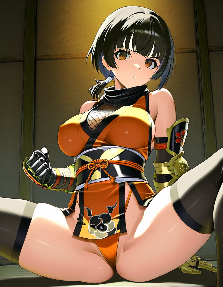 {kaede_(onimusha)}  female ninja orange_clothes japanese_clothes orange_mini_skirt black_hair short_hair (((low_ponytail short_ponytail))), bare_shoulders bare_thigh, brown_eyes,gauntlet, thighhighs,, orange_panties highleg_panties, upper_clothes_color_orange,  spread_legs 　medium_breasts, (((cameltoe huge_clitoris))), hentai_studio_quality, hentai_studio_quality, hentai_studio_quality, hentai_studio_quality