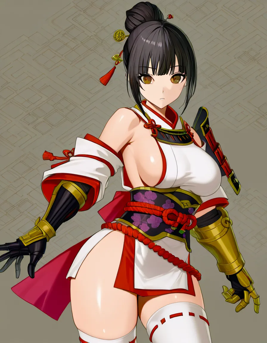 [ohatsu_(onimusha_dawn_of_dreams)] female white_clothes japanese_clothes (white_mini_skirt) black_hair short_hair ((hairstyle:low_bun)) shoulder_armor bare_thigh, brown_eyes,gauntlet, thighhighs,, large_breasts sideboob leg_armor upper_body_white_clothes, white_panties thick_thighs, huge_ass,cameltoe, hentai_studio_quality