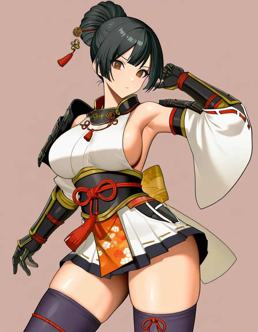 [ohatsu_(onimusha_dawn_of_dreams)] female white_clothes japanese_clothes (white_mini_skirt) black_hair short_hair ((hairstyle:low_bun)) shoulder_armor bare_thigh, brown_eyes,gauntlet, thighhighs,, large_breasts sideboob leg_armor upper_body_white_clothes, white_panties thick_thighs, huge_ass,cameltoe,  ((((((((((((((anus_peek public_hair_peek)))))))))))))), hentai_studio_quality, hentai_studio_quality, hentai_studio_quality