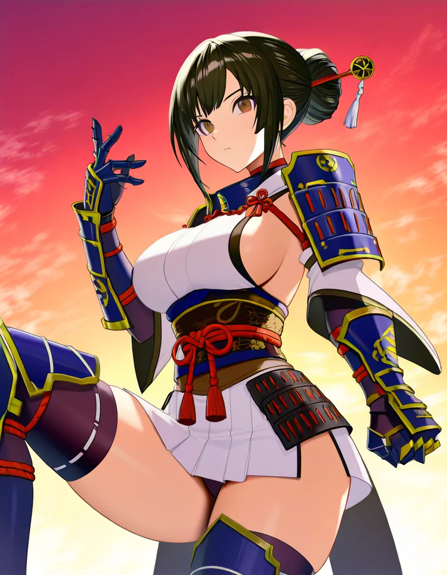 [ohatsu_(onimusha_dawn_of_dreams)] female white_clothes japanese_clothes (white_mini_skirt) black_hair short_hair ((hairstyle:low_bun)) shoulder_armor bare_thigh, brown_eyes,gauntlet, thighhighs,, large_breasts sideboob leg_armor upper_body_white_clothes, white_panties thick_thighs, huge_ass,cameltoe,  ((((anus_peek public_hair_peek)))) pantyshot, hentai_studio_quality