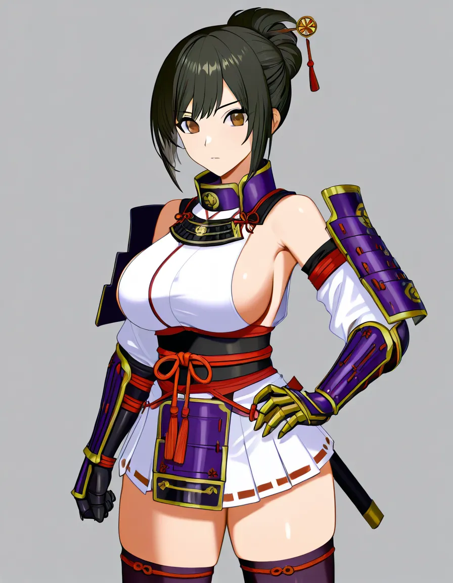 [ohatsu_(onimusha_dawn_of_dreams)] female white_clothes japanese_clothes (white_mini_skirt) black_hair short_hair ((hairstyle:low_bun)) shoulder_armor bare_thigh, brown_eyes,gauntlet, thighhighs,, large_breasts sideboob leg_armor upper_body_white_clothes, white_panties thick_thighs, huge_ass,cameltoe,  ((((anus_peek public_hair_peek)))) pantyshot, ass_focus, hentai_studio_quality