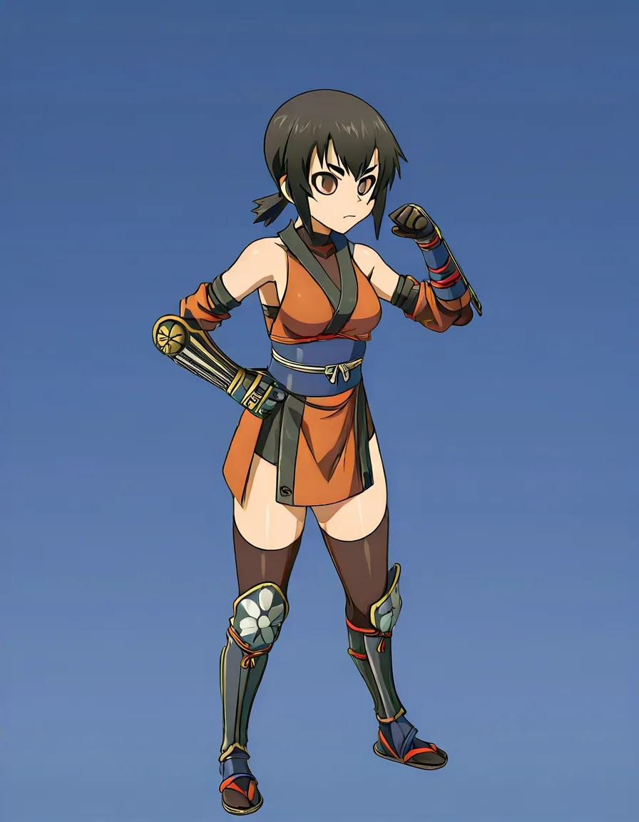 kaede_onimusha female ninja orange_clothes japanese_clothes orange_mini_skirt black_hair (((low_ponytail)))(((shortsideburns))) short_hair, bare_shoulders bare_thigh, brown_eyes,gauntlet, thighhighs, ,,, hentai_studio_quality, hentai_studio_quality, hentai_studio_quality, hentai_studio_quality, hentai_studio_quality