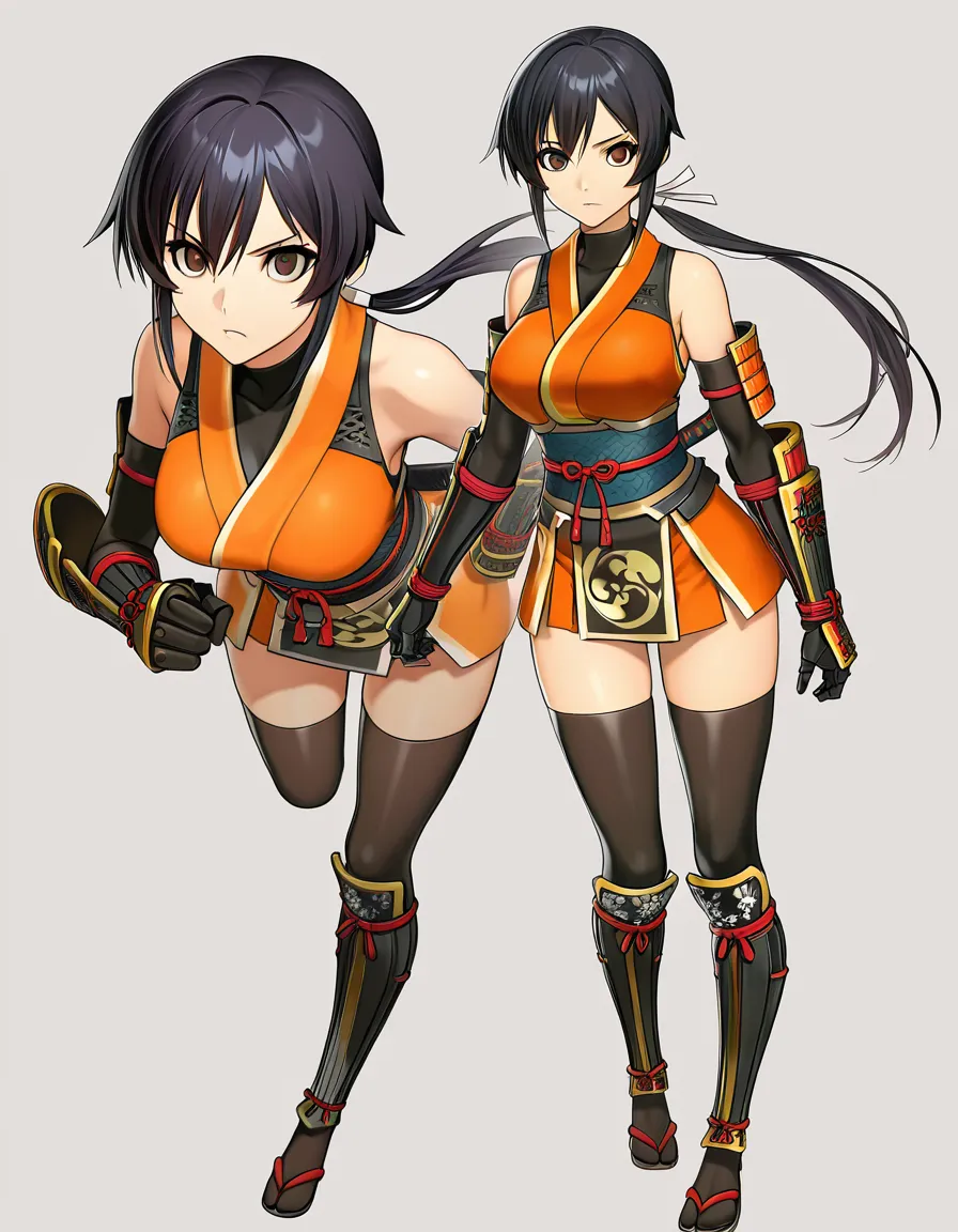 kaede_onimusha  female ninja orange_clothes japanese_clothes orange_mini_skirt black_hair  (((low_ponytail))), bare_shoulders bare_thigh, brown_eyes,gauntlet, thighhighs, short_sideburns, hentai_studio_quality, hentai_studio_quality, hentai_studio_quality