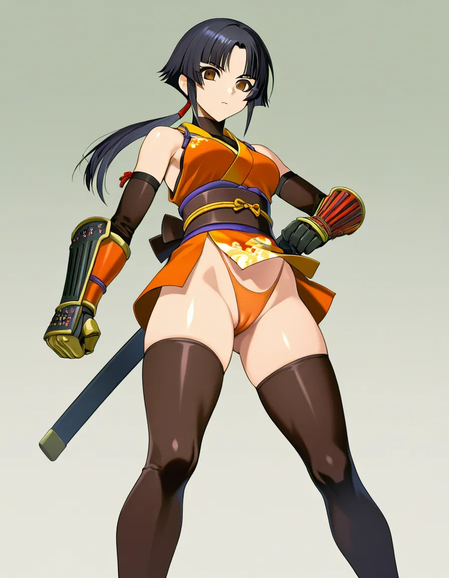 kaede_onimusha female ninja orange_clothes japanese_clothes upper_body_orange_clothes orange_mini_skirt {black_hair side_bangs low_ponytail short_hair }, bare_shoulders bare_thigh, brown_eyes,gauntlet, thighhighs, short_sideburns,, highleg_panties orange_panties,,cameltoe, covered_clitris, hentai_studio_quality, hentai_studio_quality