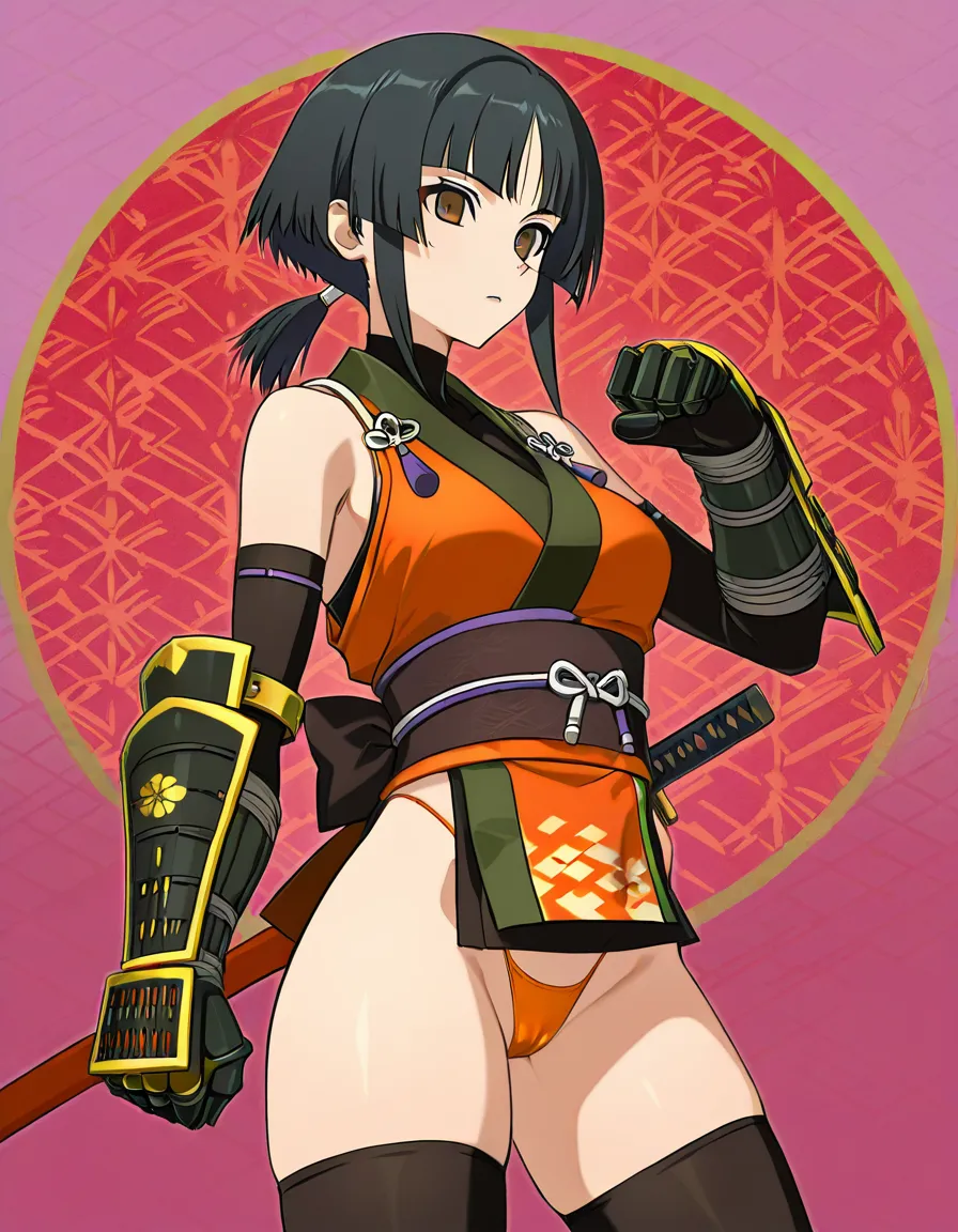 kaede_onimusha  female ninja orange_clothes japanese_clothes upper_body_orange_clothes orange_mini_skirt {black_hair side_bangs low_ponytail short_hair }, bare_shoulders bare_thigh, brown_eyes,gauntlet, thighhighs, short_sideburns,, highleg_panties  orange_panties,,, covered_clitris, hentai_studio_quality, hentai_studio_quality, hentai_studio_quality, hentai_studio_quality, hentai_studio_quality