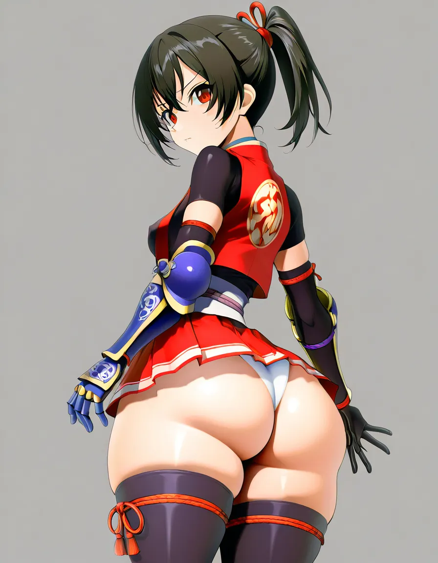 akane_onimusha_dawn_of_dreams female cherry_pink_vest japanese_clothes (mini_skirt) black_hair short_hair (((side_ponytail)))bare_thigh, red_eye,gauntlet, thighhighs,, small_breasts upper_body_black_inner, white_panties thick_thighs, huge_ass, (height_150cm),, hentai_studio_quality