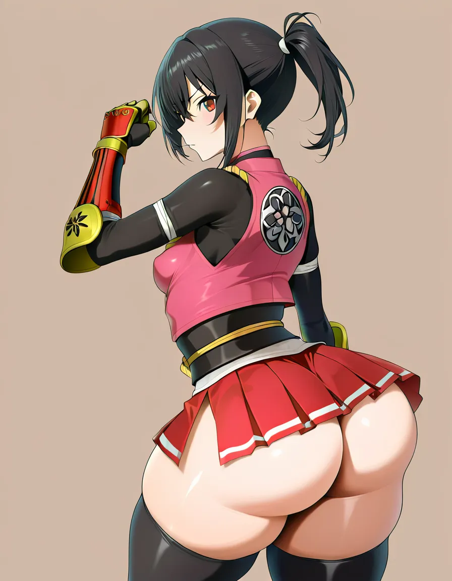 akane_onimusha_dawn_of_dreams female samurai cherry_pink_vest japanese_clothes (mini_skirt) black_hair short_hair (((side_ponytail)))bare_thigh, red_eye,gauntlet, thighhighs,, small_breasts upper_body_black_inner, thick_thighs, huge_ass, (height_150cm),, hentai_studio_quality, hentai_studio_quality, hentai_studio_quality