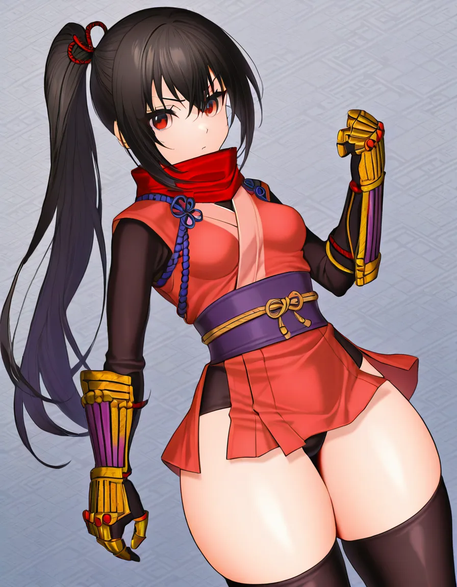yagyu_jubei_akane_onimusha_dawn_of_dreams 1girl cherry_pink_vest japanese_clothes (mini_skirt) black_hair long_hair (((left_side_ponytail)))bare_thigh, ,gauntlet, thighhighs,, small_breasts upper_body_black_inner, thick_thighs, (height_150cm),,  red_eye,, white_panties huge_ass hentai_studio_quality, hentai_studio_quality, hentai_studio_quality, hentai_studio_quality, hentai_studio_quality, hentai_studio_quality, hentai_studio_quality, hentai_studio_quality