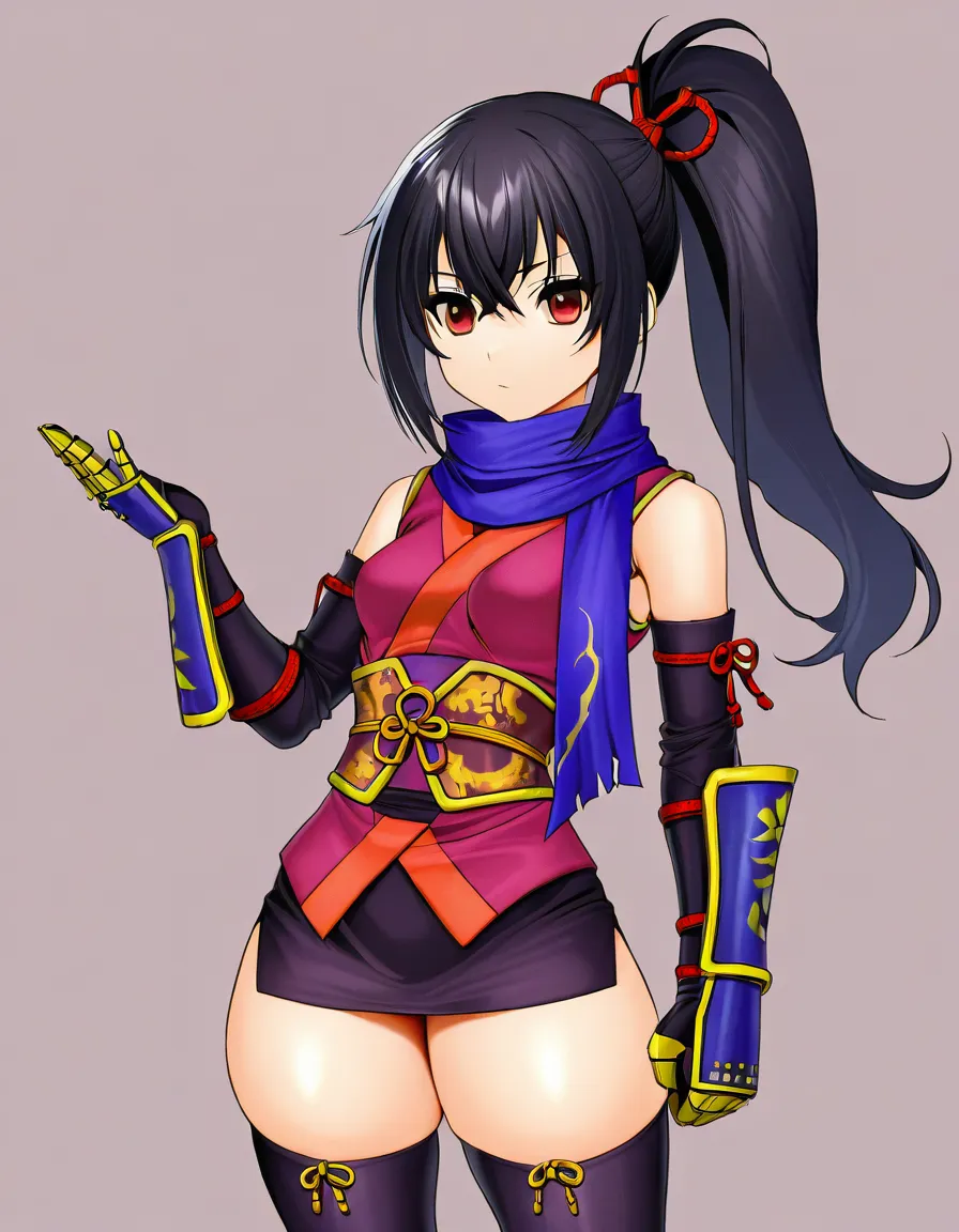 yagyu_jubei_akane_onimusha_dawn_of_dreams 1girl cherry_pink_vest japanese_clothes black_hair long_hair (((left_side_ponytail)))bare_thigh, ,gauntlet, thighhighs,, small_breasts upper_body_black_inner, thick_thighs, (height_150cm),, red_eye,, buruma, hentai_studio_quality