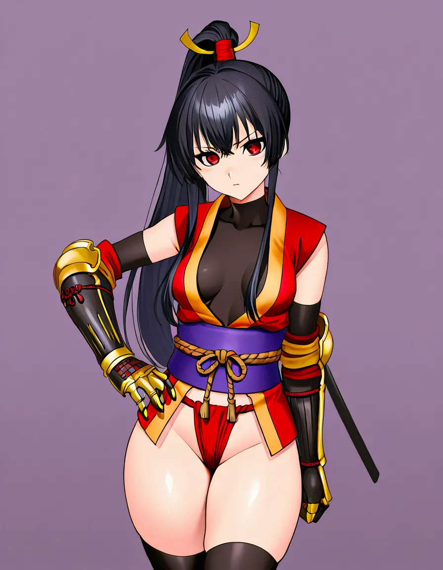 yagyu_jubei_akane_onimusha_dawn_of_dreams 1girl cherry_pink_vest japanese_clothes black_hair long_hair (((left_side_ponytail)))bare_thigh, ,gauntlet, thighhighs,, small_breasts upper_body_black_inner, thick_thighs, red_eye,, fundoshi, hentai_studio_quality, hentai_studio_quality