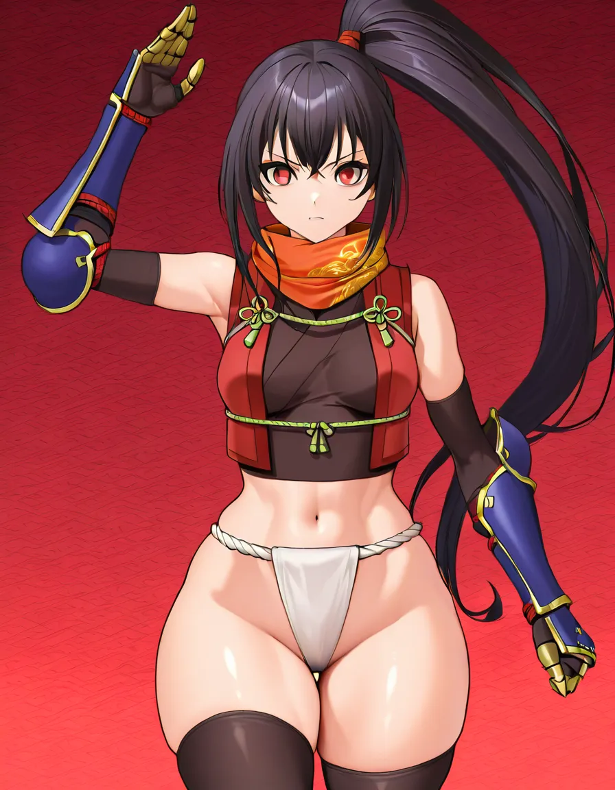 yagyu_jubei_akane_onimusha_dawn_of_dreams 1girl cherry_pink_vest japanese_clothes  black_hair long_hair (((left_side_ponytail)))bare_thigh, ,gauntlet, thighhighs,, small_breasts upper_body_black_inner, thick_thighs,   red_eye,, fundoshi, curvy, hentai_studio_quality