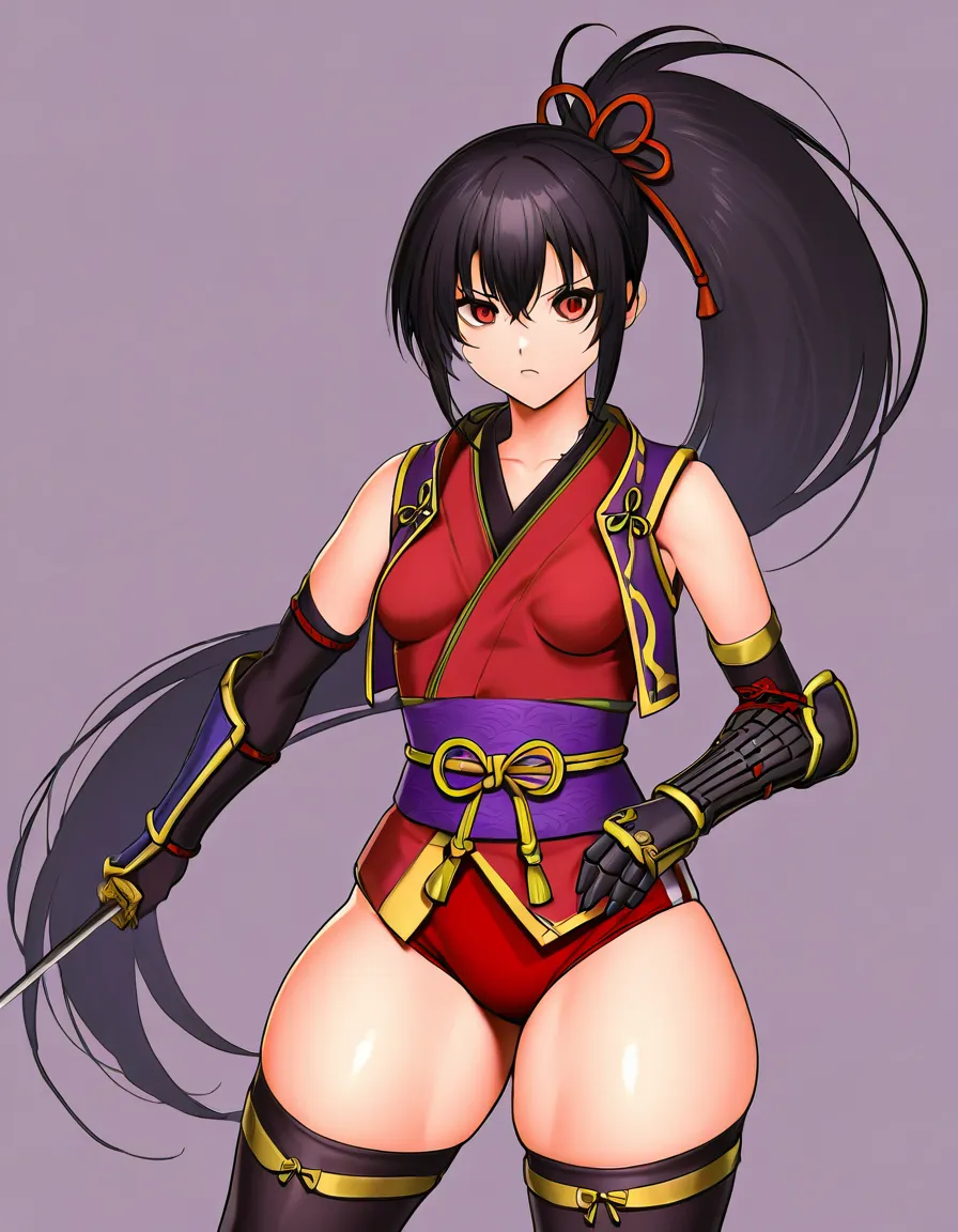 yagyu_jubei_akane_onimusha_dawn_of_dreams 1girl cherry_pink_vest japanese_clothes black_hair long_hair (((left_side_ponytail)))bare_thigh, ,gauntlet, thighhighs,, small_breasts upper_body_dark_purple_inner, thick_thighs, red_eye, buruma, hentai_studio_quality, hentai_studio_quality, hentai_studio_quality