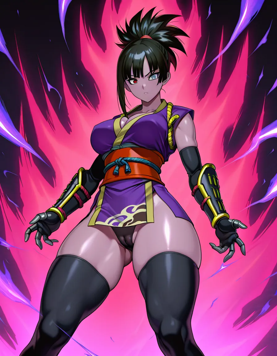 female_yagyu_onimusha 1girl cherry_pink_vest japanese_clothes black_hair  (((ponytail))) bare_thigh,  ,gauntlet, thighhighs,,  upper_body_dark_purple_inner, thick_thighs, heterochromia, panties cameltoe purple_aura dark_skin  super_saiyan, hentai_studio_quality
