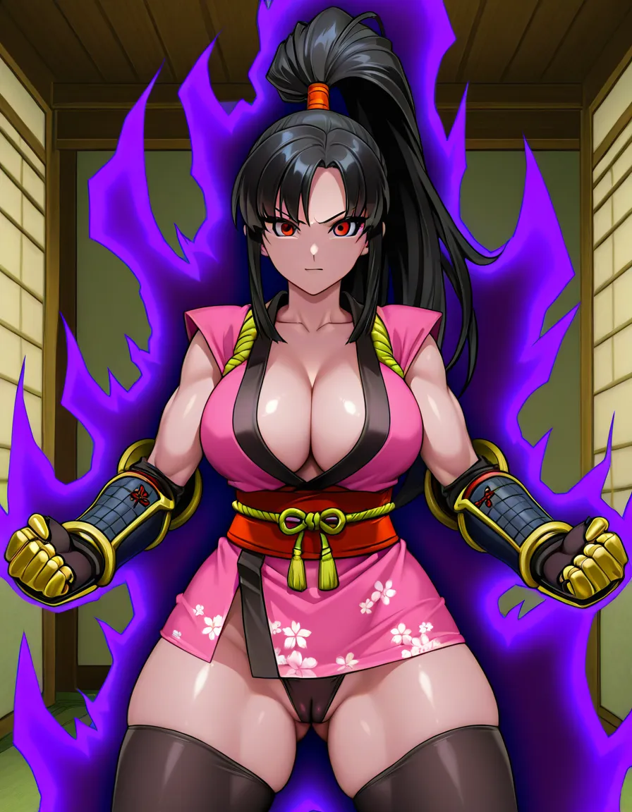 female_yagyu_onimusha 1girl cherry_pink_vest japanese_clothes black_hair (((ponytail))) bare_thigh, ,gauntlet, thighhighs,, upper_body_dark_purple_inner, thick_thighs, red_eyes , panties cameltoe purple_aura dark_skin super_saiyan, hentai_studio_quality, hentai_studio_quality, hentai_studio_quality